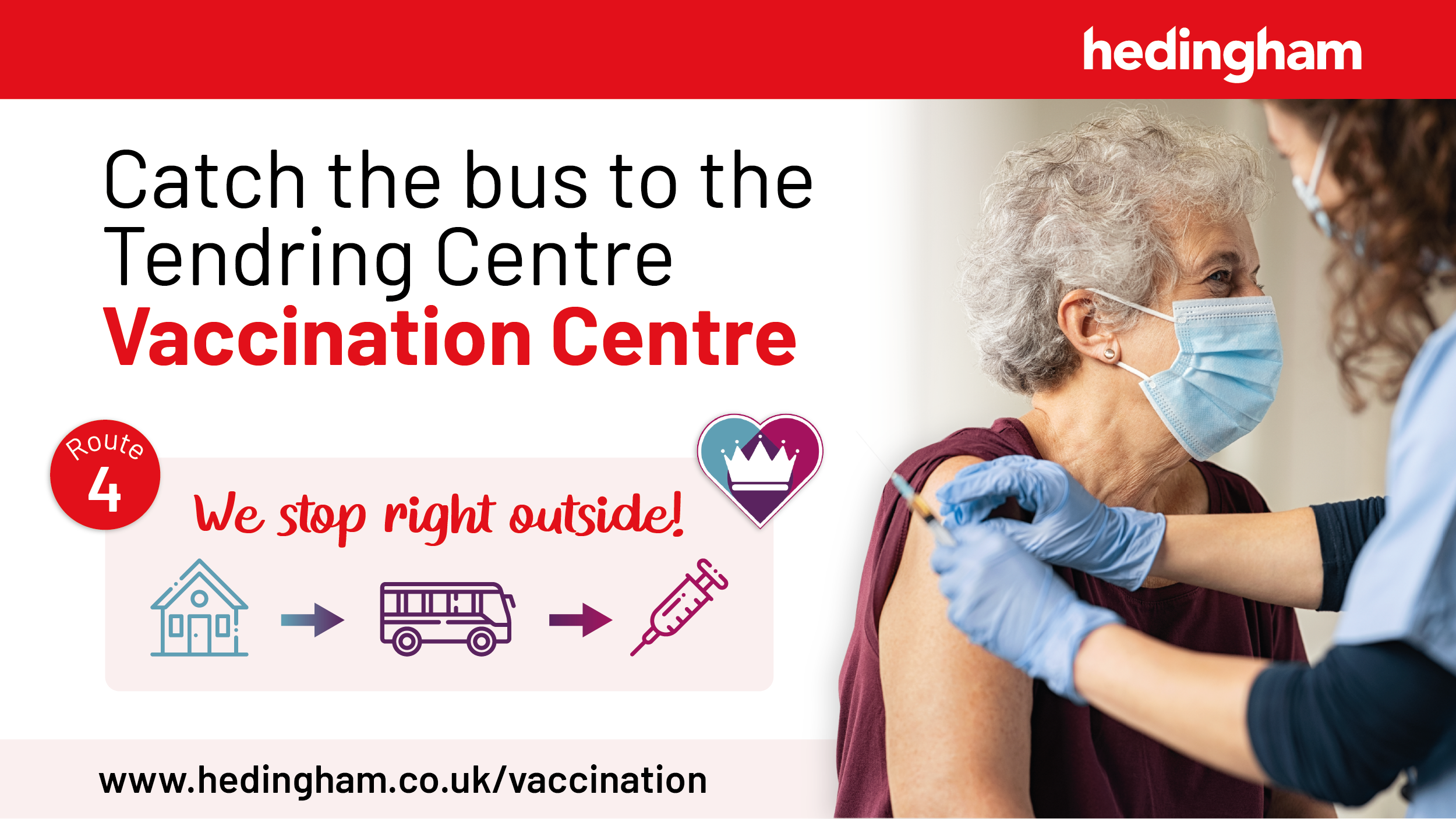 Photo of an elderly lady receiving a vaccination with text reading 'Catch the bus to the Tendring Vaccination Centre'